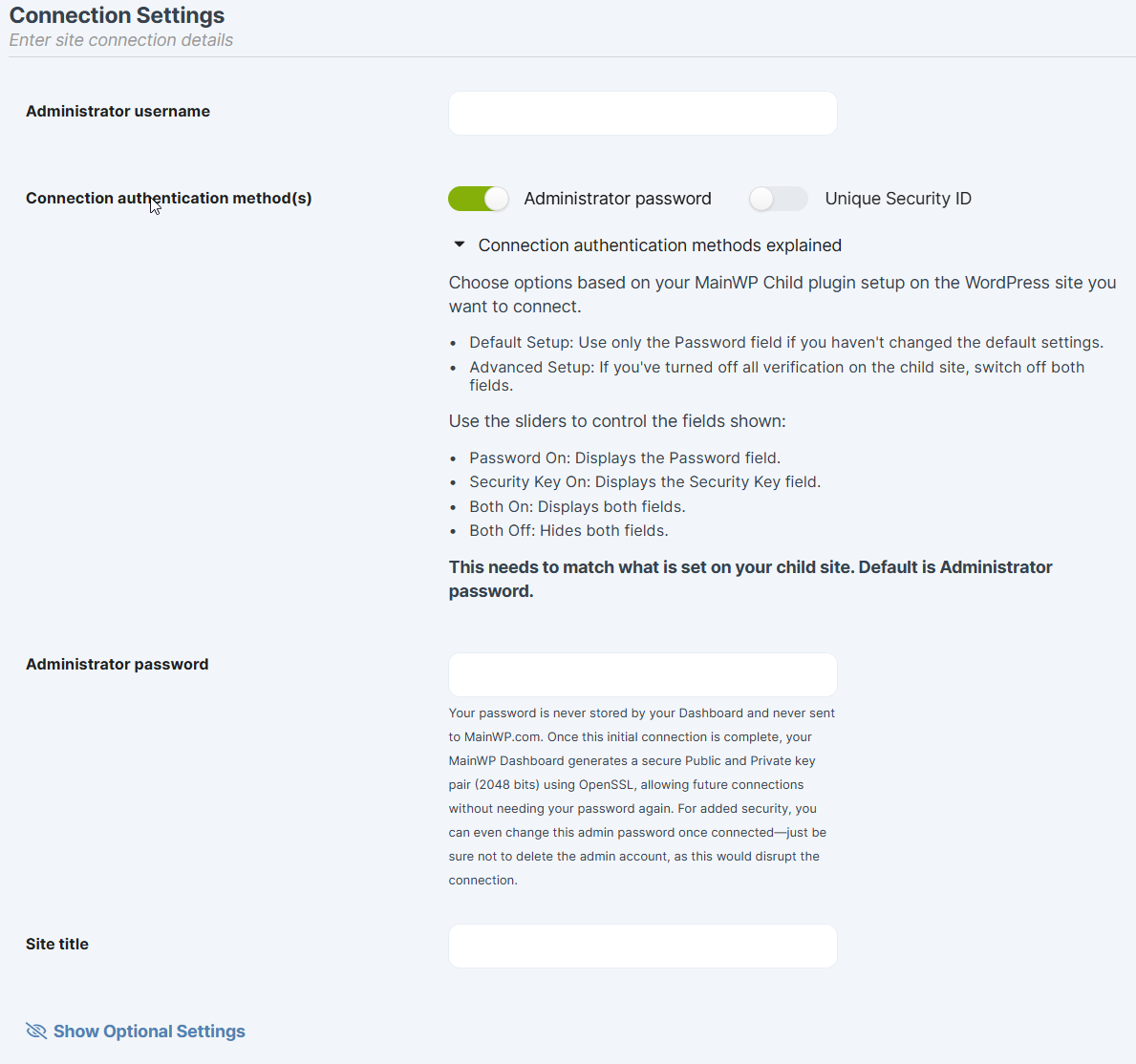 Shows the Connection Settings UI of Add New site process.
