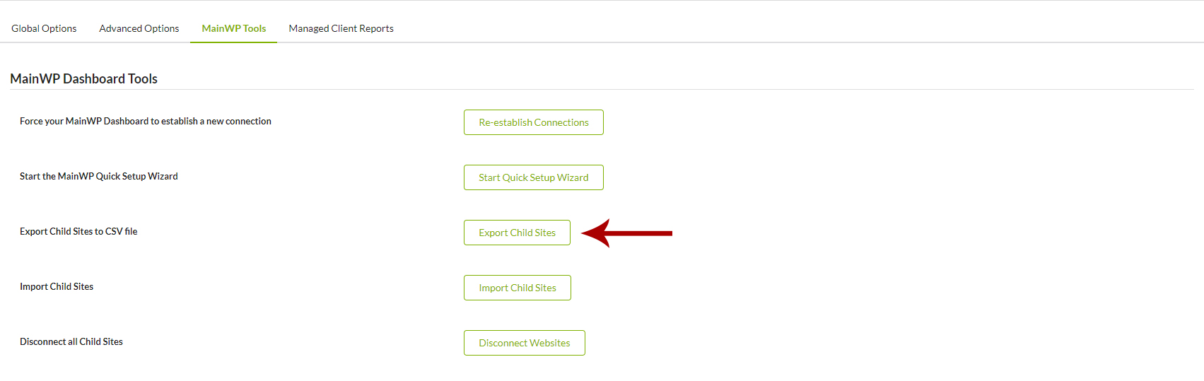 MainWP Tools > Export Sites