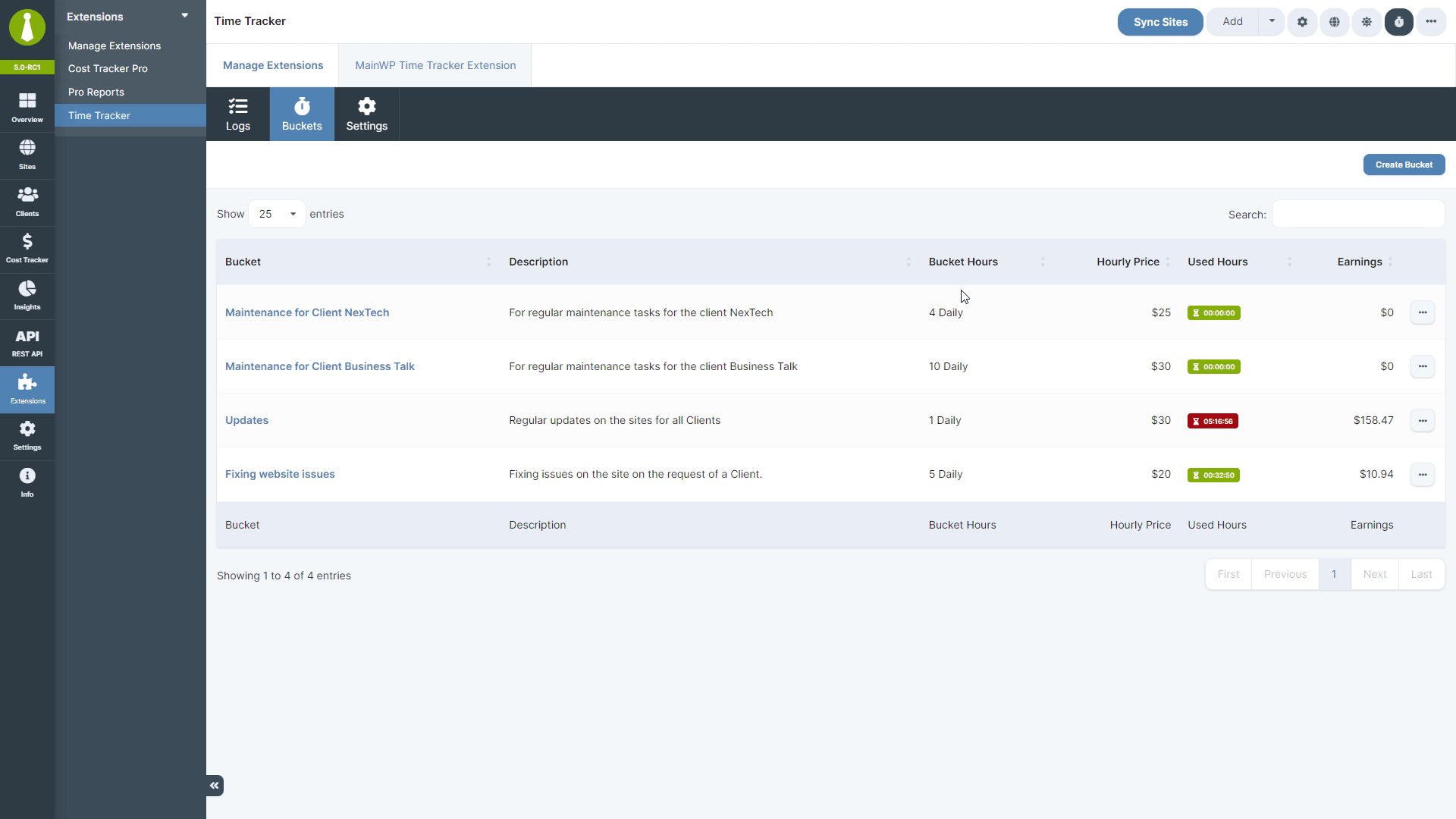 Time Tracker Manage buckets